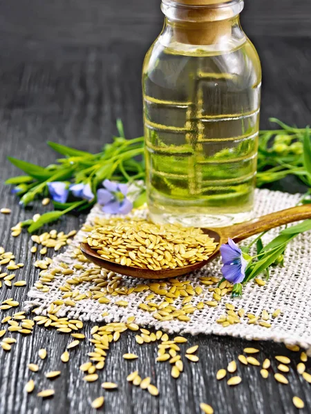 White Linen Seeds Spoon Flax Stalks Blue Flowers Leaves Burlap — Stock Photo, Image