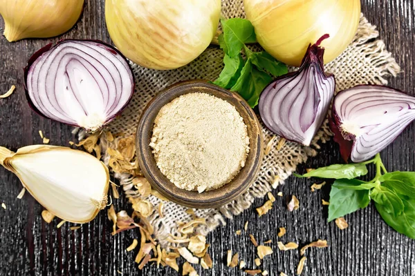 Onion Powder Bowl Burlap Purple Yellow Onions Dried Onion Flakes — Stock Photo, Image