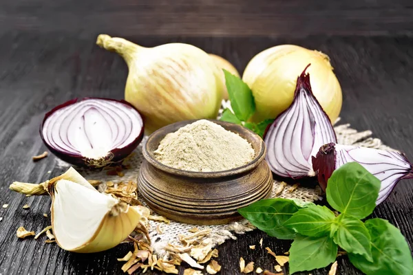 Onion Powder Bowl Burlap Napkin Purple Yellow Onions Dried Onion — Stock Photo, Image