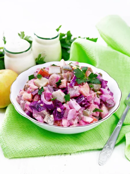 Finse Salade Rosoli Van Haring Bieten Aardappelen Augurken Wortelen Uien — Stockfoto