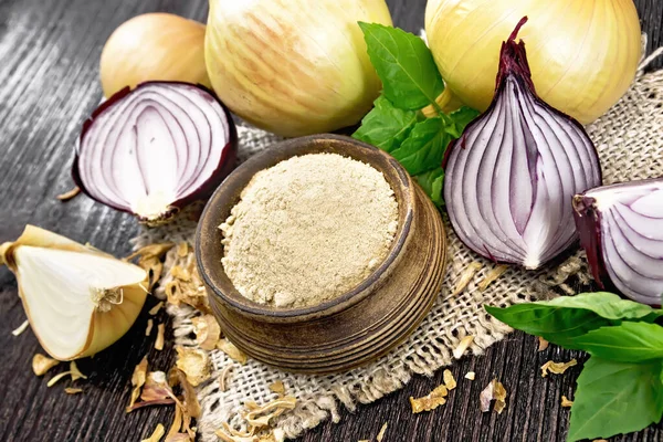 Onion Powder Bowl Sacking Purple Yellow Onions Dried Onion Flakes — Stock Photo, Image