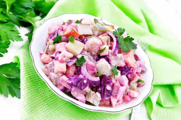 Finnish Rosoli Salad Herring Beetroot Potatoes Pickled Pickled Cucumbers Carrots — Stock Photo, Image