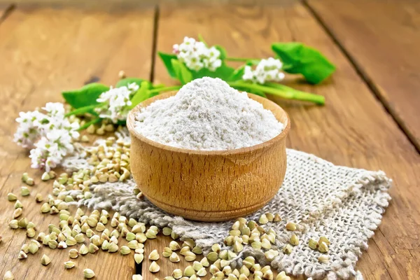 Buckwheat Flour Green Cereals Bowl Sacking Groats Table Flowers Buckwheat — стоковое фото