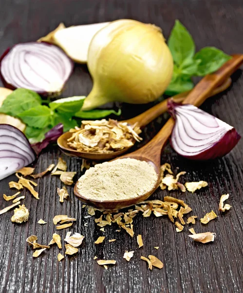 Onion Powder Dried Flakes Two Spoons Purple Yellow Onions Basil — Stock Photo, Image