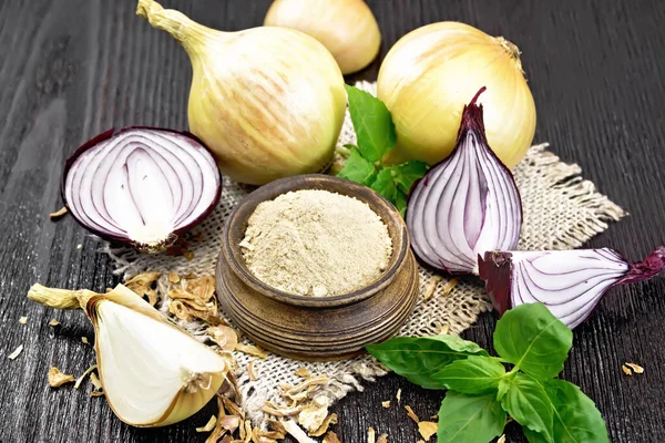 Cebola Uma Tigela Sacos Cebolas Roxas Amarelas Flocos Cebola Secos — Fotografia de Stock