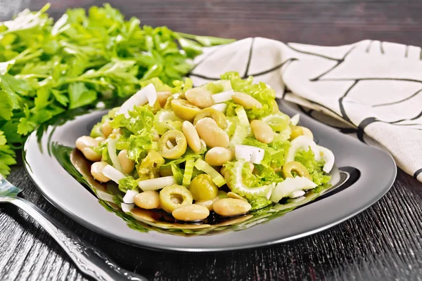 Salad Beans Olives Stalk Celery Onion Lettuce Dressed Vegetable Oil — Stock Photo, Image