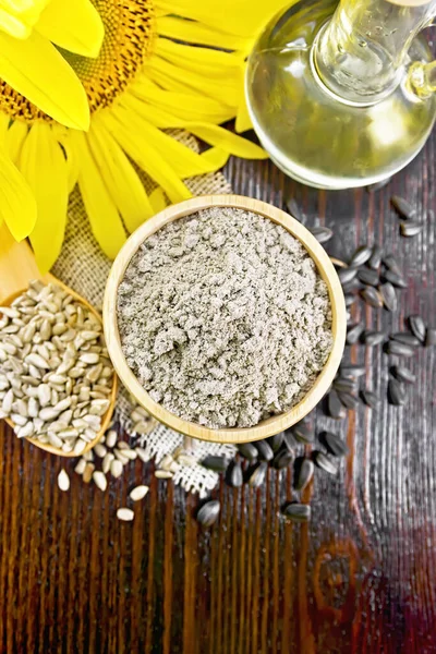 Sunflower Flour Bowl Oil Decanter Seeds Spoon Burlap Napkin Sunflower — Stock Photo, Image