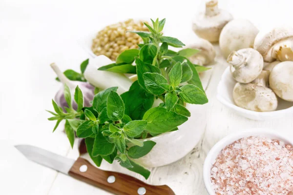 Branches Fresh Oregano Green Leaves Mortar Champignons Pink Himalayan Salt — Stock Photo, Image