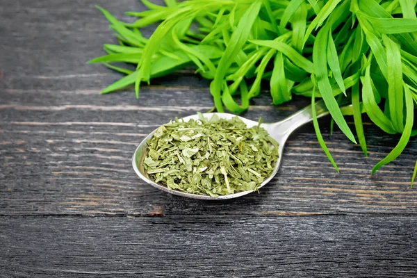 Dried Tarragon Spoon Fresh Estragon Dark Wooden Board Background — Stock Photo, Image