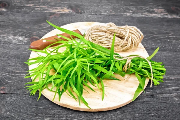 Bundle Tarragon Tied Twine Coil Rope Knife Wooden Board Background — Stock Photo, Image