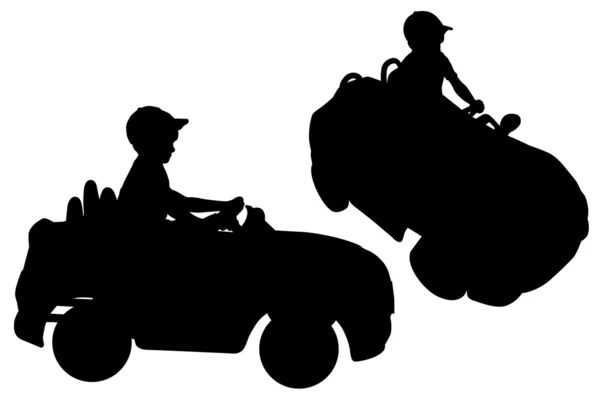 小さな男の子「運転」おもちゃの車のシルエット — ストックベクタ