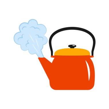 Kırmızı çaydanlık kaynıyor. Kapağı kapalı bir çaydanlık, borudan buharlaşan su, kaynayan su. Kavram, yeni geleni haşlar. Vektör illüstrasyonu beyaz arkaplanda izole edildi