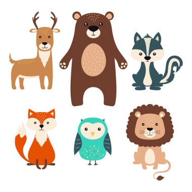 Beyaz arka planda izole edilmiş bir grup şirin orman hayvanı vektör çizimi, çizgi film orman hayvanlarıyla basit bir tasarım.