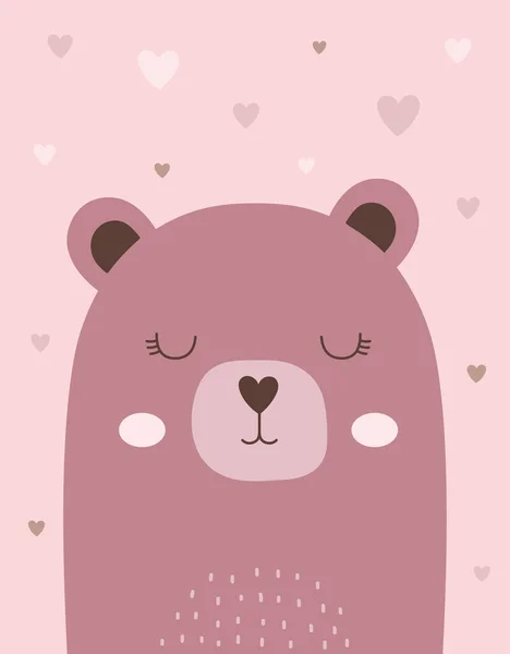 Aranyos Medve Nyomtatás Design Rózsaszín Háttér Szívvel Vektor Illusztráció Divat — Stock Vector