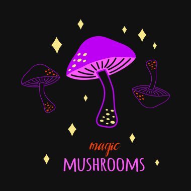 şirin sihirli mantarlı çizgi film vektör çizimi, harfler ve siyah arkaplanda yıldızlar, Cadılar Bayramı tebrik kartı