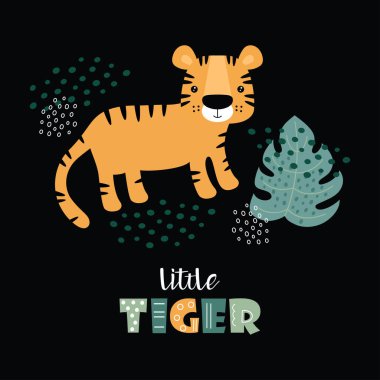 Şirin kaplan çizimi, şirin kaplanlı kart, tropikal yapraklar ve siyah arkaplanda harfler.