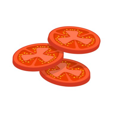 Beyaz arka planda izole edilmiş taze kırmızı domates dilimleri. Düz domates ikonu. Vektör İllüstrasyonu.