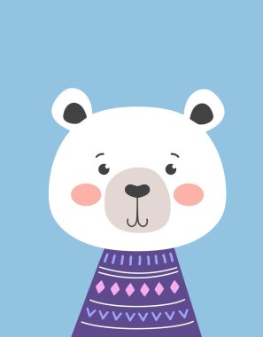 Mavi arka planda sevimli ayılı çocuksu kart, herhangi bir tasarım için vektör çizimi