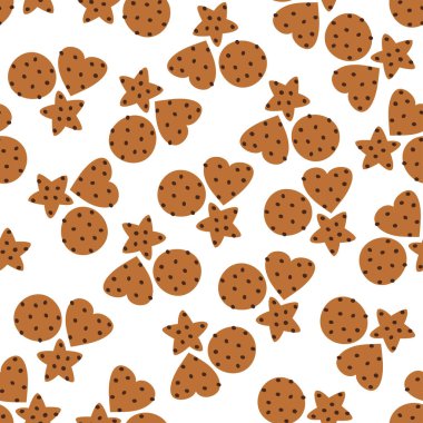 Lezzetli çikolatalı kurabiyelerle kusursuz desen. Pasta fırını. Beyaz arkaplanda vektör illüstrasyonu