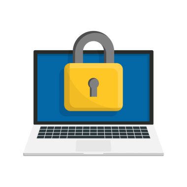 Dizüstü bilgisayar ve kilit. Bilgisayar güvenliği, gizlilik politikası, güvenlik kilidi ve veri koruma kavramı. Verilerde asma güvenlik kilidi var. Vektör illüstrasyonu.