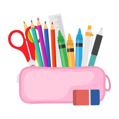 Kalem kutusu açık, kırtasiye malzemeleriyle dolu. Malzemeli pembe çanta. Okul konseptine geri dönelim. Vektör illüstrasyonu