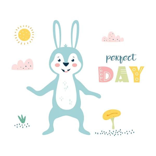 Vector Illustration Cute Funny Bunny Lettering Perfect Day Sun Clouds — Stock Vector
