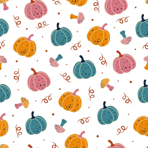 Bezszwowy Jesienny Wzór Dyniami Grzybami Tło Halloween Ilustracja Wektor — Wektor stockowy
