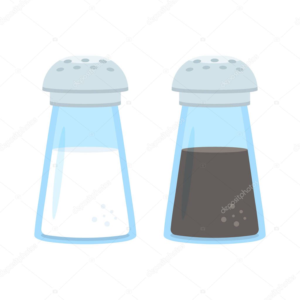 Salt and pepper shakers. Pair of glass shaker with metal cap pepper and salt, isolated on white. Vector illustration