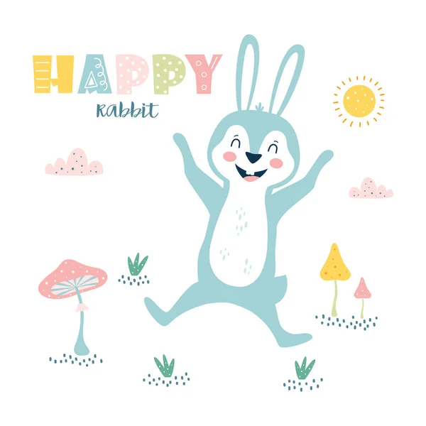 Vector Illustration Cute Funny Bunny Lettering Happy Rabbit Sun Clouds — Stock Vector