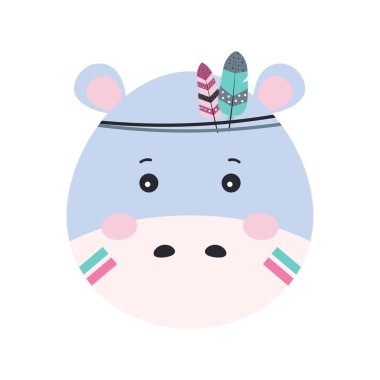 beyaz arka planda tüyleri olan bebek su aygırı, kabile kartı, vektör illüstrasyonu, çocuklar için basit tasarım