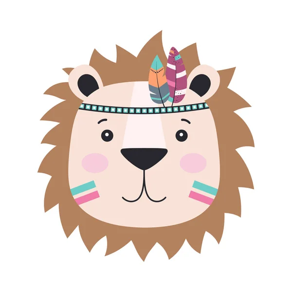 Illustration Vectorielle Lion Tribal Drôle Mignon Avec Des Plumes Isolées — Image vectorielle