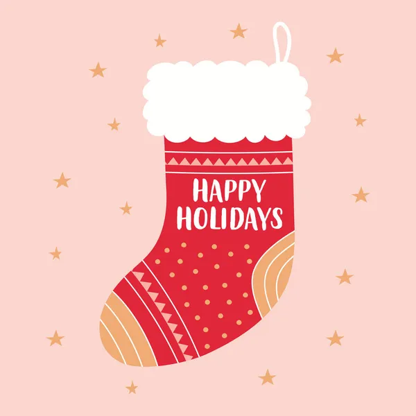 Greeting Card Winter Holidays Christmas Sock Red Stocking Pink Background — Stock Vector