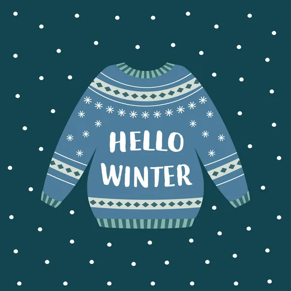 Illust Jersey Azul Navidad Con Letras Hola Invierno Fondo Vacaciones — Vector de stock
