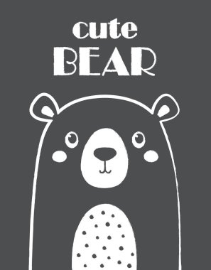 Ayı suratlı taslak ikonu, siyah arka planda izole edilmiş, sevimli çizgi film karakteri, komik memeli ve harfli şirin ayı, çocuk baskısı, sevgi dolu tebrik kartı, düz tasarım