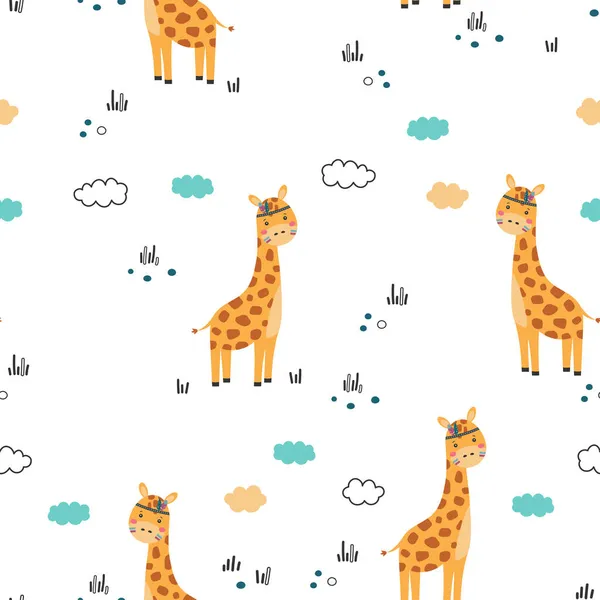 Padrão Sem Costura Com Girafas Bonitos Elementos Doodle Fundo Branco —  Vetores de Stock