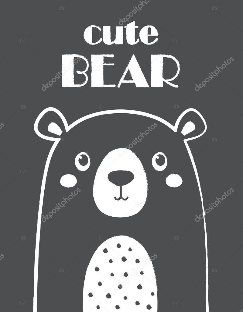 bear face head line sketch icon isolated on black background, adorable cartoon character, funny mammal and lettering cute bear, kids print, love greeting card, flat design