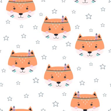 Tüylü, İskandinav tarzı, kabile baskısı, vektör illüstrasyonlu, kusursuz bir tilki deseni.