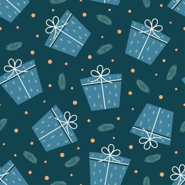 Hediye kutuları kusursuz desen, mavi hediyelerin kurdele ve kurdeleli noel baskısı, vektör hediye kutusu illüstrasyonu