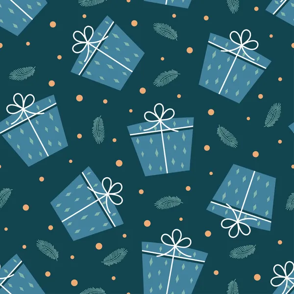 Подарочные Коробки Бесшовный Узор Рождественский Отпечаток Голубых Подарков Лентой Луком — стоковый вектор