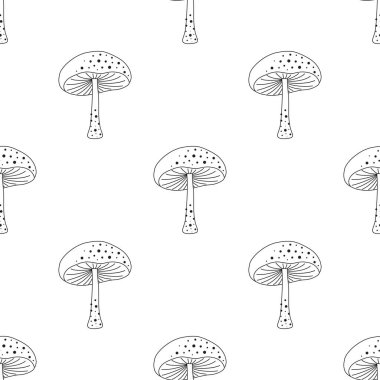 Beyaz zemin üzerinde ana hatları çizilmiş mantar türleri ile kusursuz desen, klasik tarzda mantar ile sonsuz tekrarlanabilir oyma dokusu, yazdırma için vektör illüstrasyonu