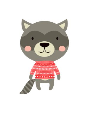 Kırmızı kazaklı şirin rakun beyaz üzerine izole edilmiş, kışlık şirin illüstrasyon, çocuklar için poster, geleneksel noel baskısı