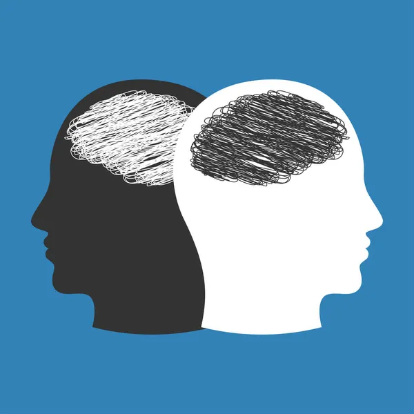 Deux Silhouettes Tête Blanches Noires Pensent Différemment Une Pensée Différente — Image vectorielle