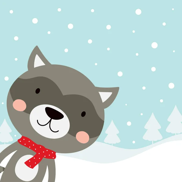 雪の背景に赤いスカーフでかわいいタヌキ 冬のクリスマスグリーティングカード 漫画動物 子供のためのイラスト — ストックベクタ