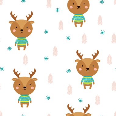 Şirin karikatür geyikleri, ağaçlar ve kar taneleri, İskandinav kış arkaplanı kumaş, kağıt, kart, web pankartı, davetiye