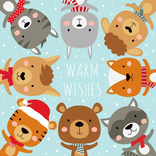 Prapor Roztomilými Zimními Zvířaty Šátcích Klobouku Veselé Vánoce Šťastný Nový — Stockový vektor
