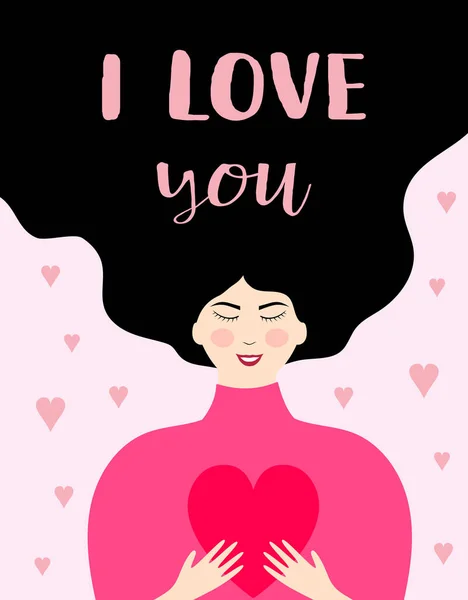 Carte Saint Valentin Jolie Fille Grand Cœur Déclaration Amour Illustration — Image vectorielle