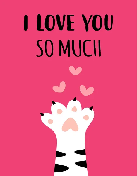 Feliz Cartão Dia Dos Namorados Com Pata Gato Corações Desenho — Vetor de Stock