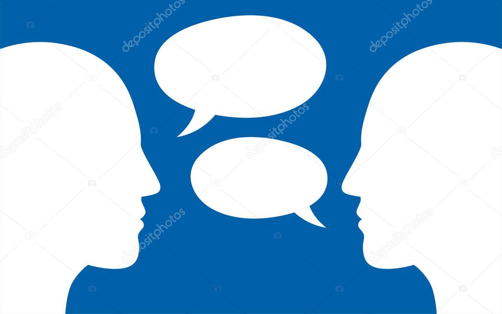 Two human heads silhouette talking through speech bubbles. Dialogue,contact, conversational exchange between two individuals. Vector illustration.