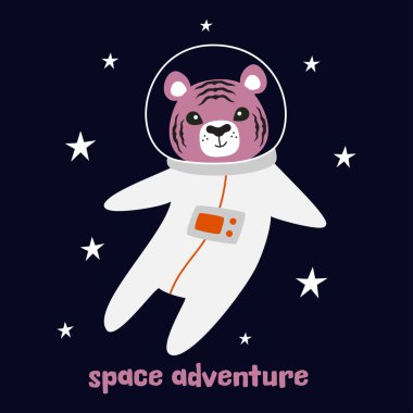 Çizgili şirin kaplan, astronot kaplan uzayda, çocuklar için tebrik kartı.