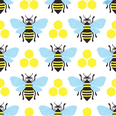 Arılar ve bal petekleri ile kusursuz desen, çizgi film vektörü bal arka planı